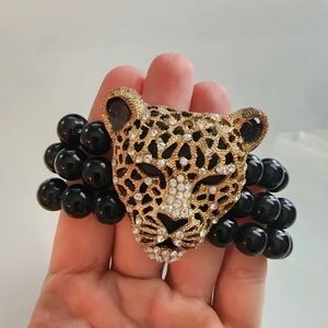 Crystal Leopard Genuine Onyx Stretch Bracelet
